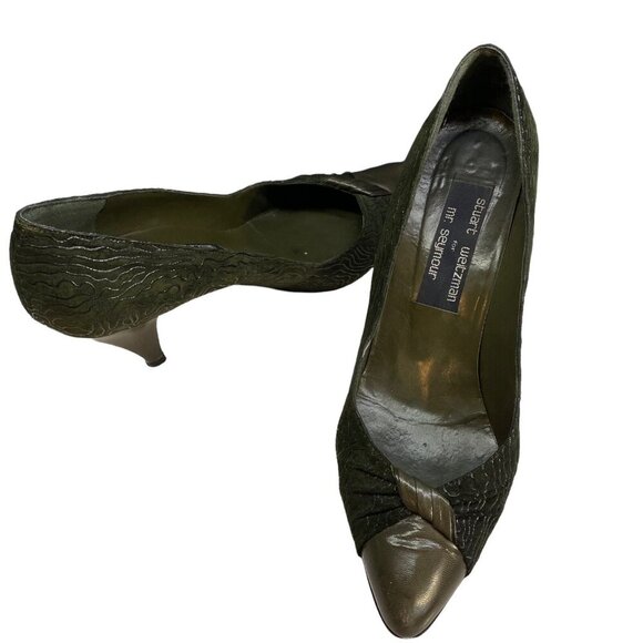 STUART WEITZMAN Heels Size 7 Green Felt Mr Seymour Kitten Career Office s-20 - Picture 4 of 10